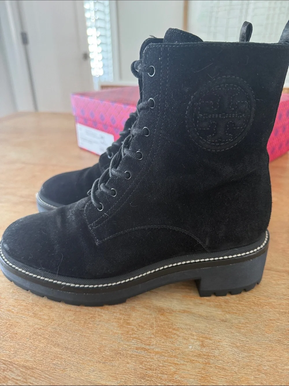 Tory Burch Miller Black Suede Lug Sole Combat Boots - Size 7.5